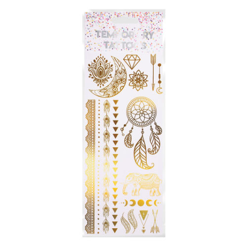 Sheet of metallic temporary tattoos featuring boho gold designs like moons, dreamcatchers, and arrows.