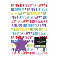 Colorful Happy Birthday gift wrap sheets featuring vibrant lettering and star motifs, includes matching gift tags.