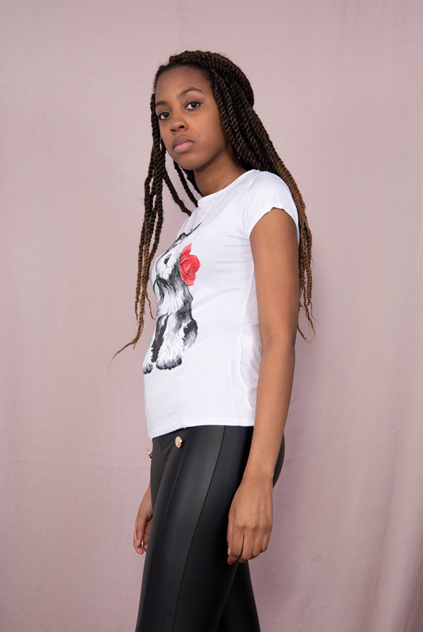 Casual Cute Rose Dog Printed T-Shirt Cotton Womenswear Breathable Fit Lightweight Top Day Jeans Loose Overall - JAC’s Fabrics and Crafts