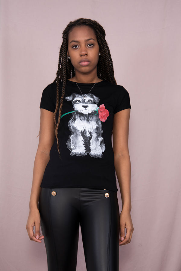 Casual Cute Rose Dog Printed T-Shirt Cotton Womenswear Breathable Fit Lightweight Top Day Jeans Loose Overall - JAC’s Fabrics and Crafts