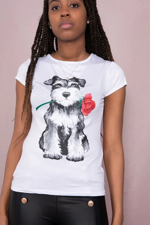 Casual Cute Rose Dog Printed T-Shirt Cotton Womenswear Breathable Fit Lightweight Top Day Jeans Loose Overall - JAC’s Fabrics and Crafts