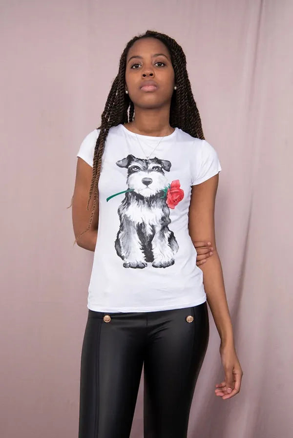 Casual Cute Rose Dog Printed T-Shirt Cotton Womenswear Breathable Fit Lightweight Top Day Jeans Loose Overall - JAC’s Fabrics and Crafts