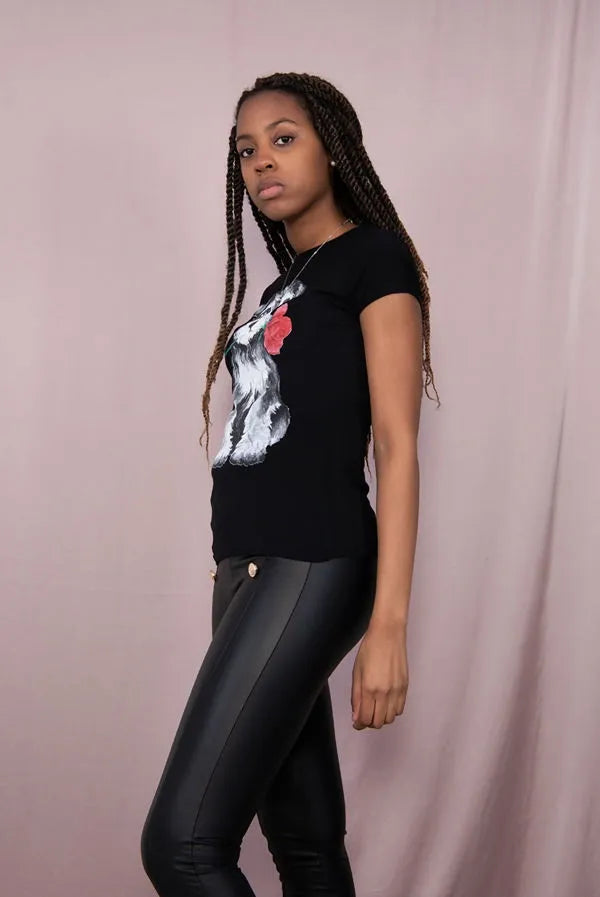Casual Cute Rose Dog Printed T-Shirt Cotton Womenswear Breathable Fit Lightweight Top Day Jeans Loose Overall - JAC’s Fabrics and Crafts