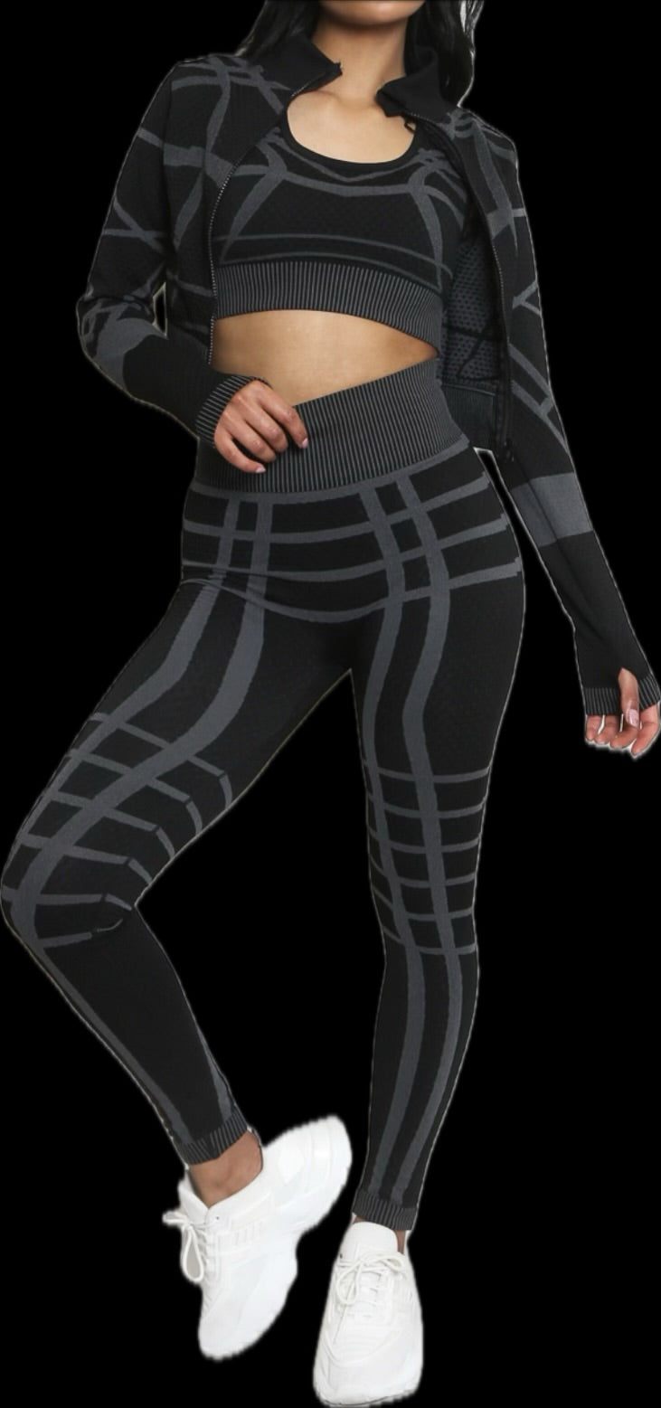 Printed Three-Piece Gym Set – Black