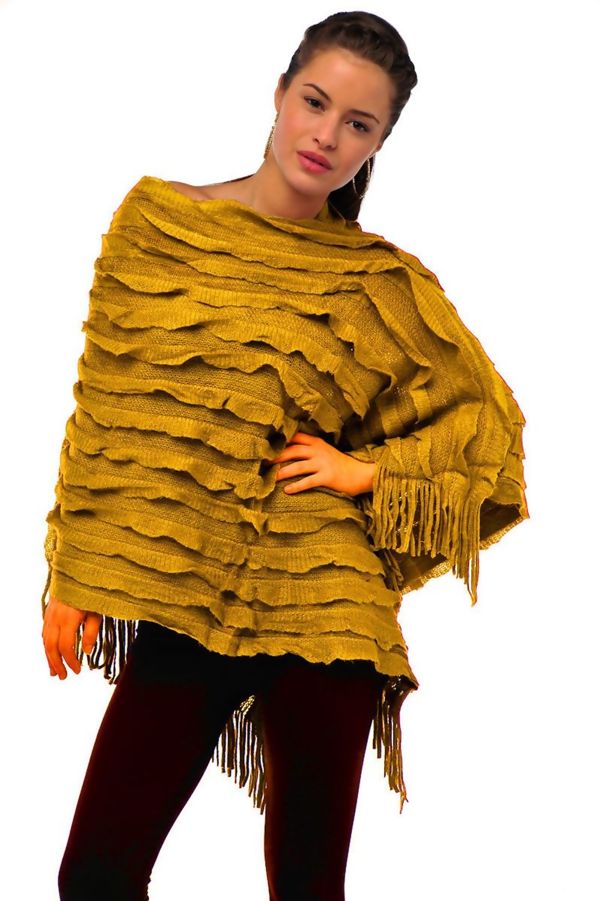 Asymmetric Tassel Ruffle Knit Poncho – Multiple Colours