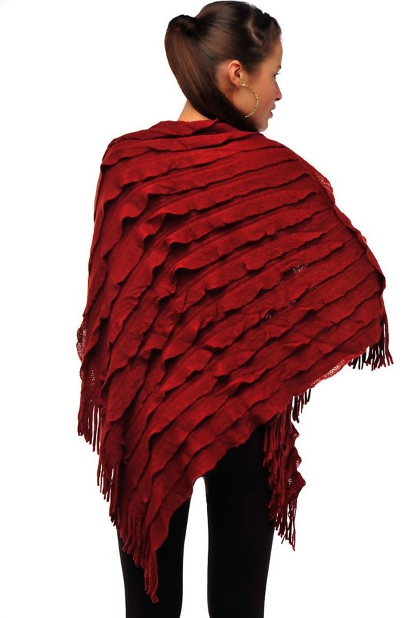 Asymmetric Tassel Ruffle Knit Poncho – Multiple Colours