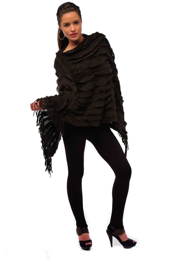 Asymmetric Tassel Ruffle Knit Poncho – Multiple Colours