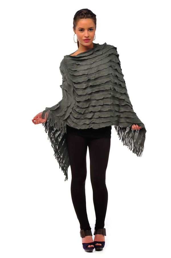 Asymmetric Tassel Ruffle Knit Poncho – Multiple Colours