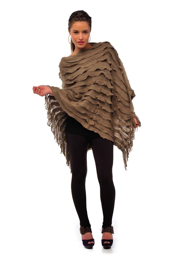 Asymmetric Tassel Ruffle Knit Poncho – Multiple Colours