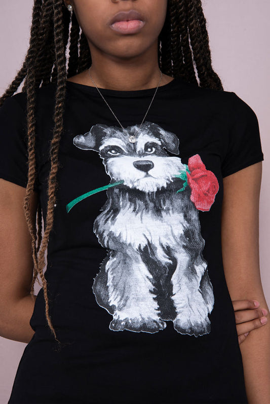 Casual Cute Rose Dog Printed T-Shirt Cotton Womenswear Breathable Fit Lightweight Top Day Jeans Loose Overall - JAC’s Fabrics and Crafts