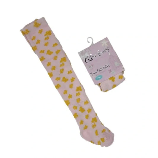 Chloe Louise Baby Girls' Pink Tights with Glittery Gold Hearts - JAC’s Fabrics and Crafts