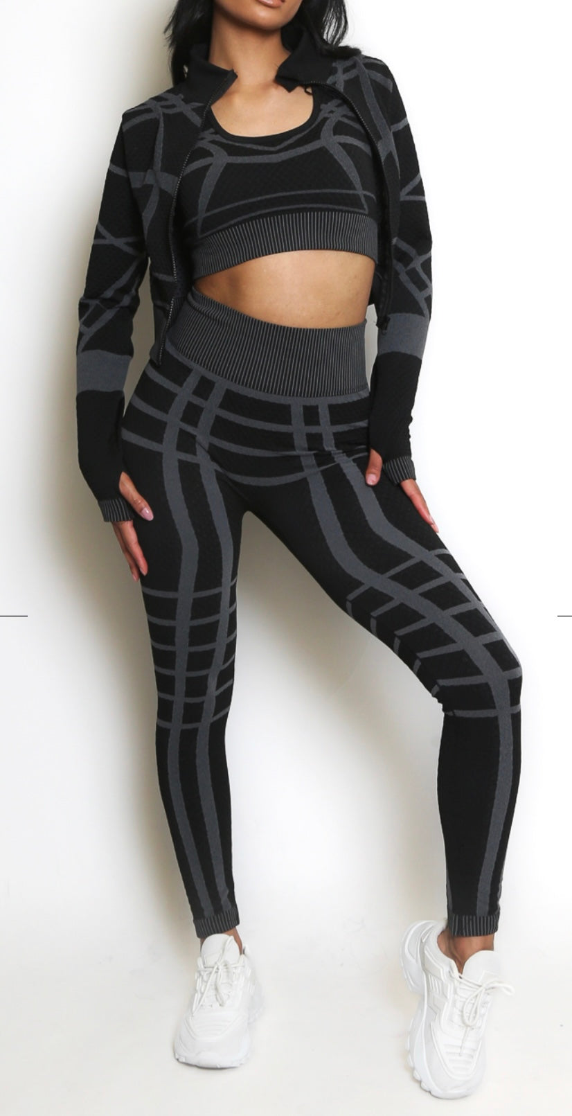 Printed Three-Piece Gym Set – Black