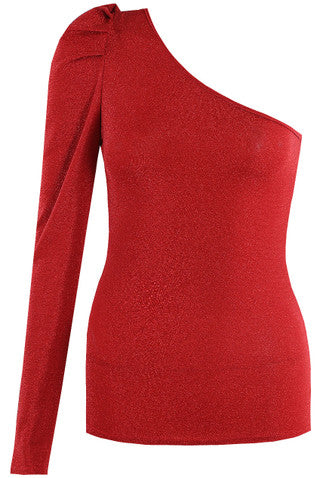 Foil Pleated One Shoulder Crop Top – Red