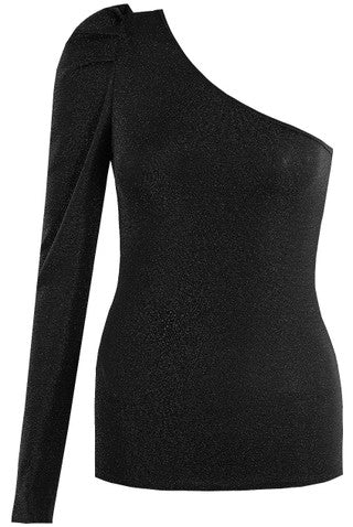 Foil Pleated One Shoulder Crop Top – Black