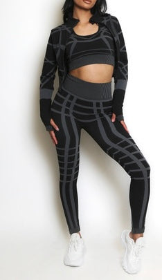 Printed Three-Piece Gym Set – Black