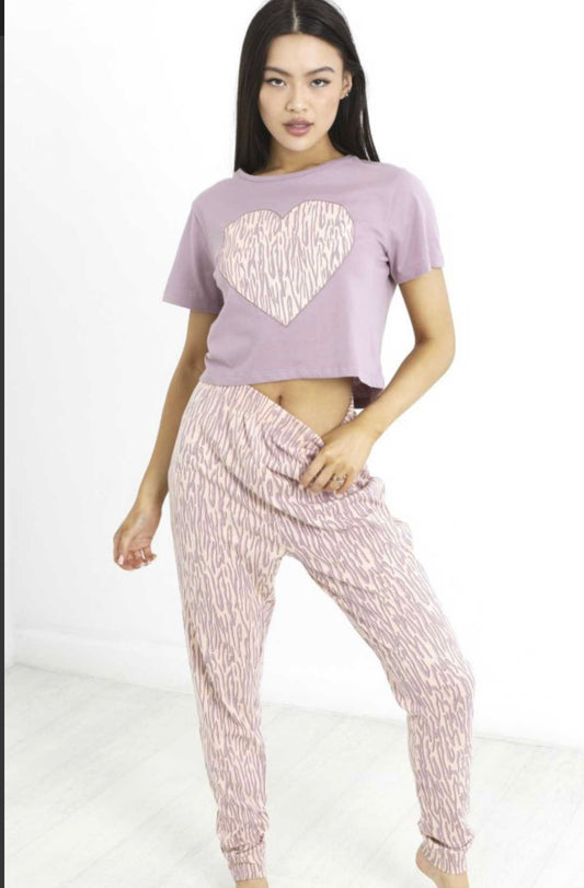 Brave Soul Mauve Heart Animal Print Women Pyjama Set - JAC’s Fabrics and Crafts