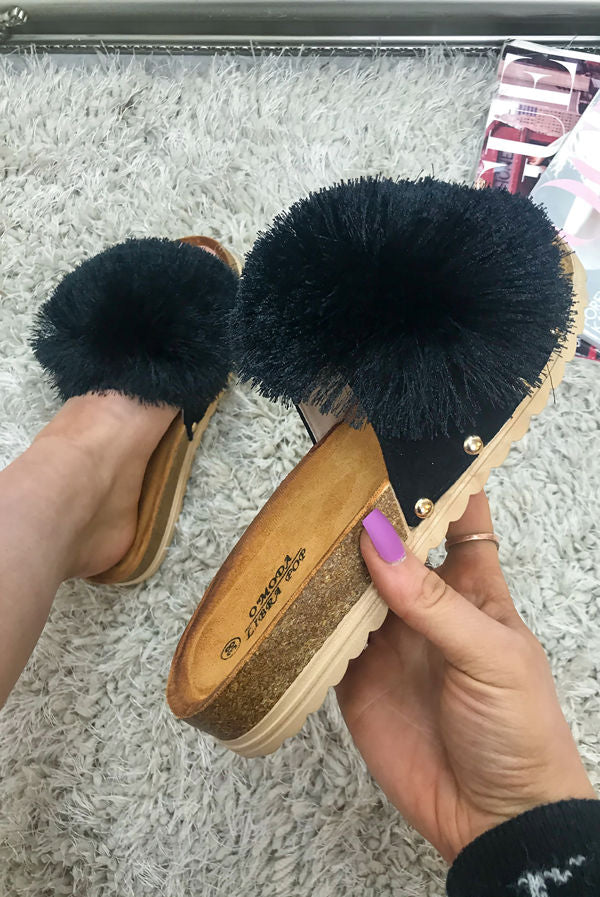 O’moda Libra Black Pom Tassel Strap Faux Suede Studded Slider Shoe Women Footwear Walking Shoes Girl Sandal Soft Breathable - JAC’s Fabrics and Crafts