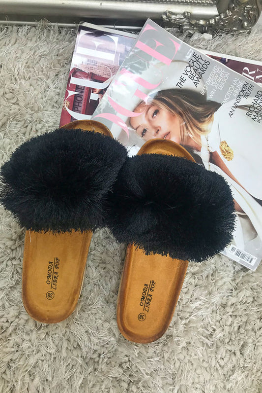 O’moda Libra Black Pom Tassel Strap Faux Suede Studded Slider Shoe Women Footwear Walking Shoes Girl Sandal Soft Breathable - JAC’s Fabrics and Crafts