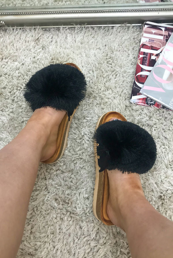 O’moda Libra Black Pom Tassel Strap Faux Suede Studded Slider Shoe Women Footwear Walking Shoes Girl Sandal Soft Breathable - JAC’s Fabrics and Crafts