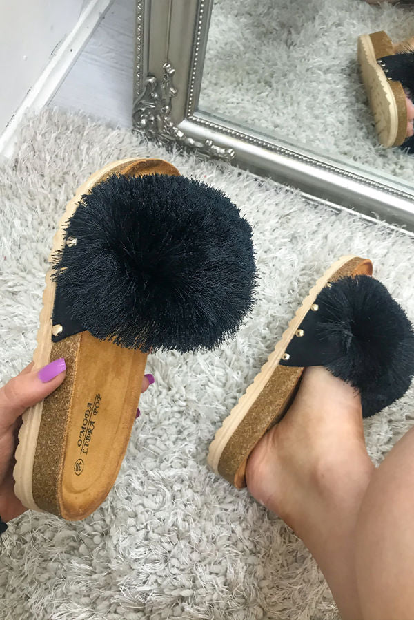O’moda Libra Black Pom Tassel Strap Faux Suede Studded Slider Shoe Women Footwear Walking Shoes Girl Sandal Soft Breathable - JAC’s Fabrics and Crafts