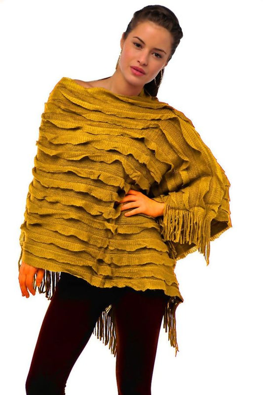 Asymmetric Tassel Ruffle Knit Poncho – Multiple Colours