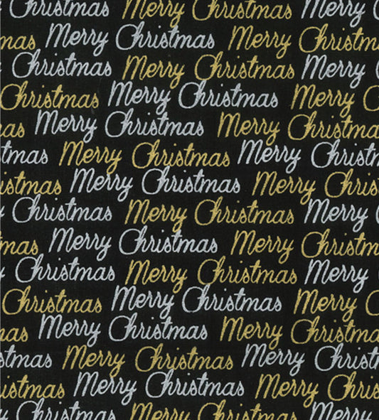Christmas Cotton – Black with 2-Colour Metallic Foil Print (110cm Wide)