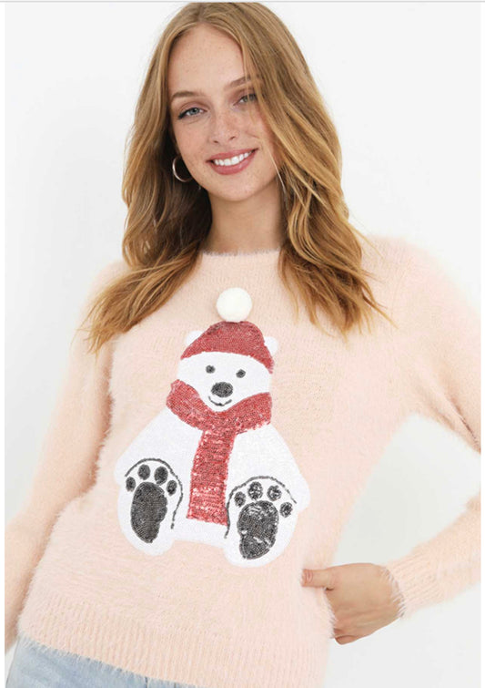 Brave Soul Ladies' Pink Knitted Christmas Jumper with Sequin White Bear Design - JAC’s Fabrics and Crafts