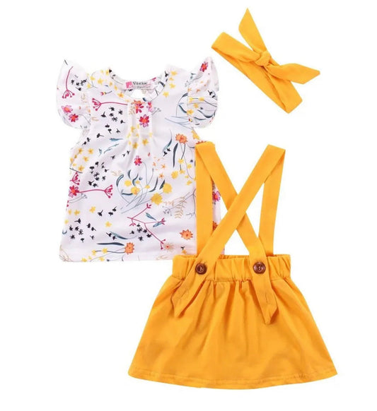 3-Piece Girls' Yellow Suspender Skirt Set with Floral Top & Headband - JAC’s Fabrics and Crafts