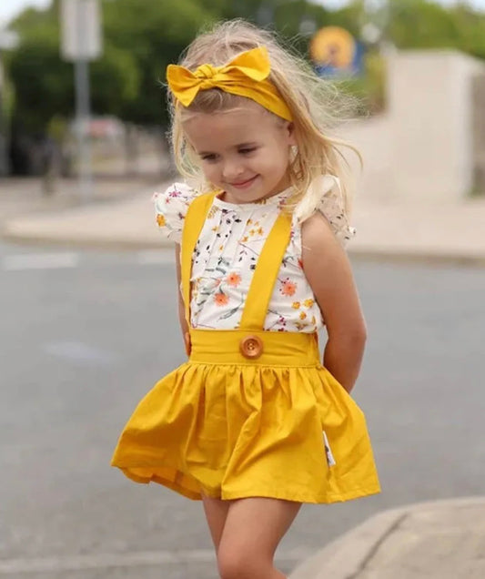 3-Piece Girls' Yellow Suspender Skirt Set with Floral Top & Headband - JAC’s Fabrics and Crafts