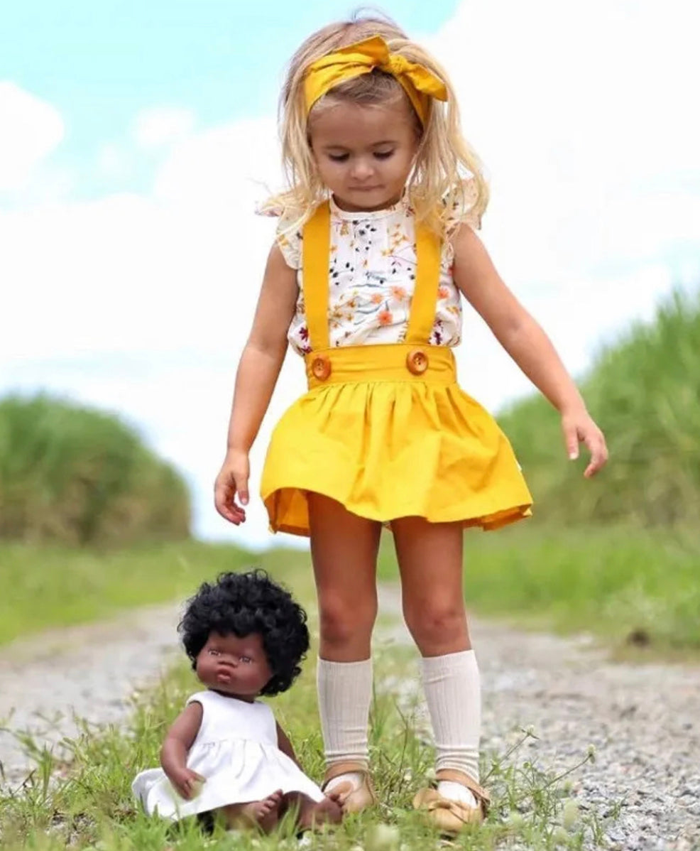 3-Piece Girls' Yellow Suspender Skirt Set with Floral Top & Headband - JAC’s Fabrics and Crafts