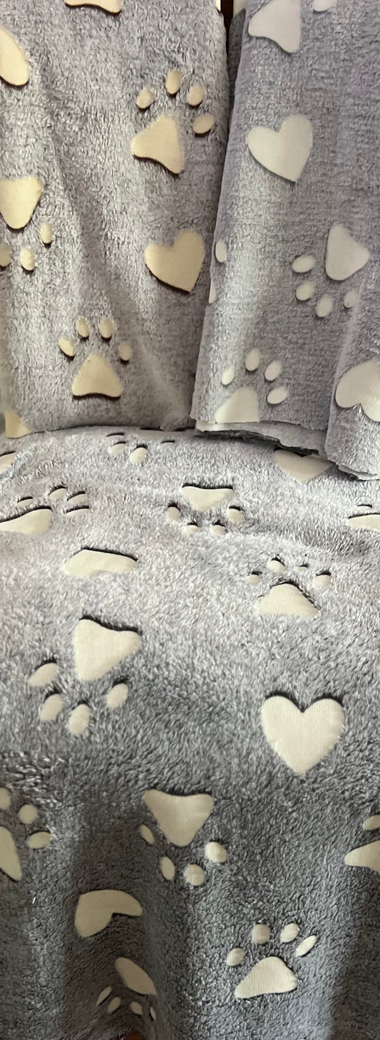 Soft Grey Glow-in-the-Dark Paw & Heart Print Fleece Fabric – Sold Per Metre - JAC’s Fabrics and Crafts